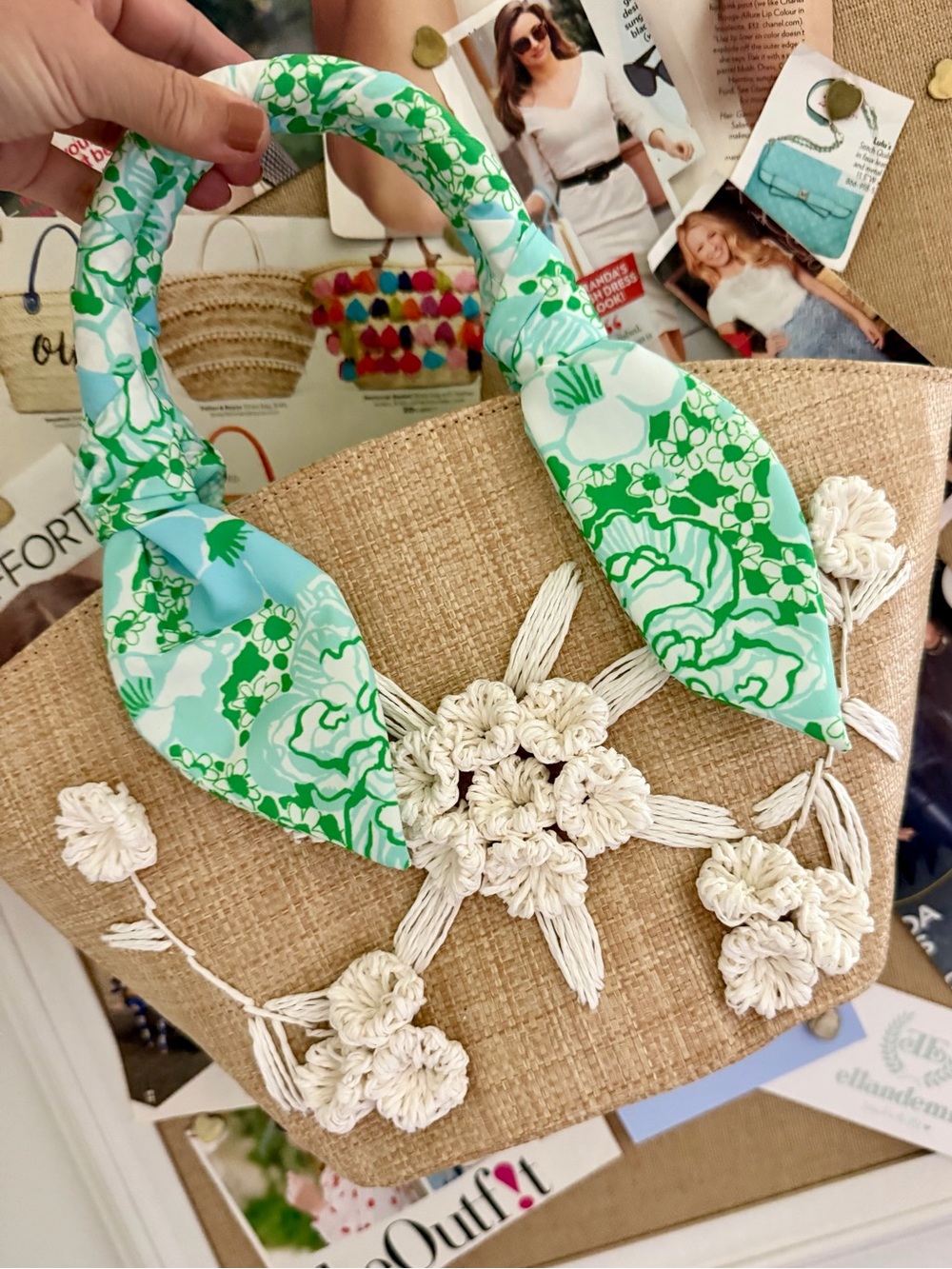 Lily Pulitzer Straw Tote Bag with Green Floral Handles and Cream Floral Accents - Picture 5 of 5